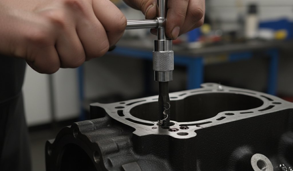 A mechanic using a T-handle tap wrench to cut clean internal threads inside an engine cylinder block hole