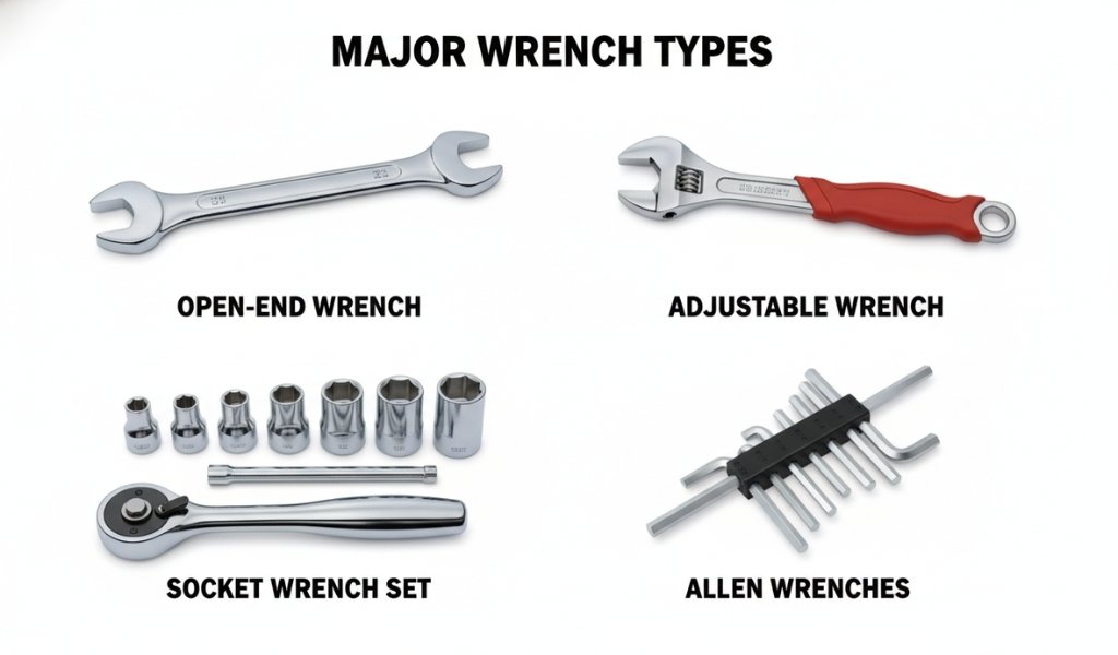 Infographic illustrating major wrench types including open-end wrench, adjustable wrench, socket wrench set, and allen wrenches.