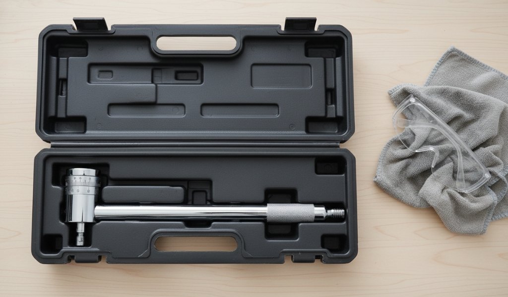 A mechanical click torque wrench stored safely inside its black plastic protective case on a workbench next to safety goggles
