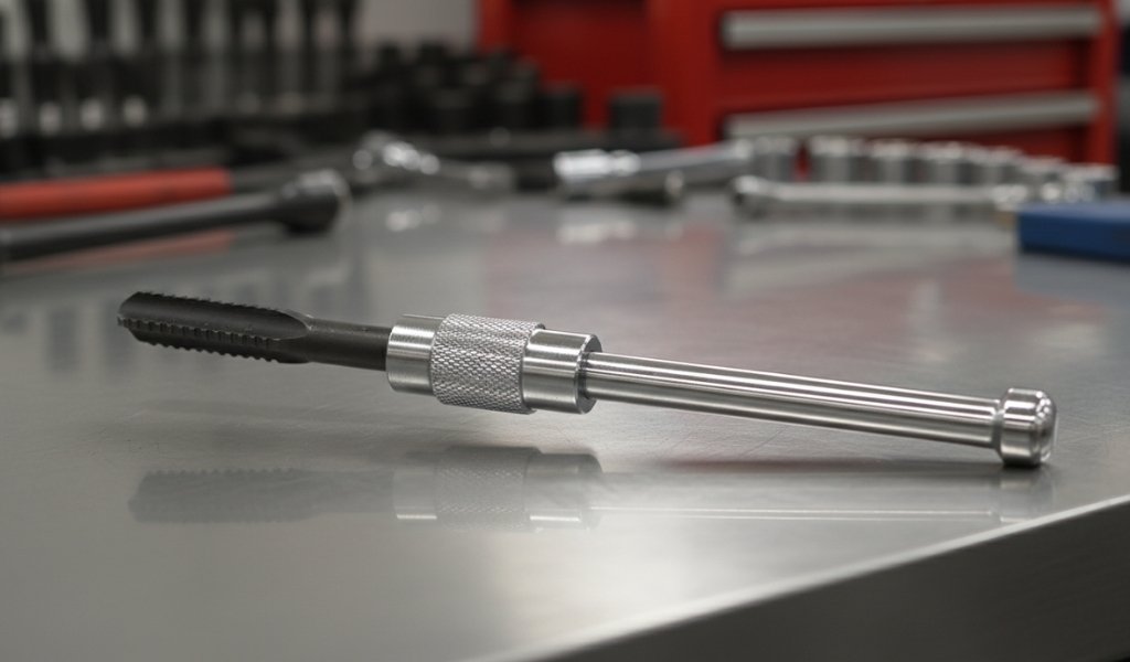 A professional chrome-plated T-handle tap wrench with a steel tap secured in its adjustable chuck