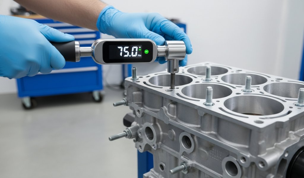 A mechanic using a digital torque wrench displaying 75 Nm to tighten bolts on an aluminum car engine cylinder head block.