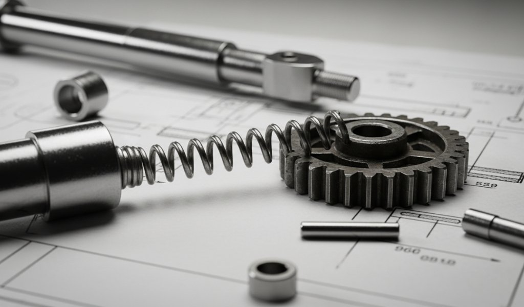 Internal components of a disassembled torque wrench showcasing a mechanical spring and ratcheting gears on a technical blueprint