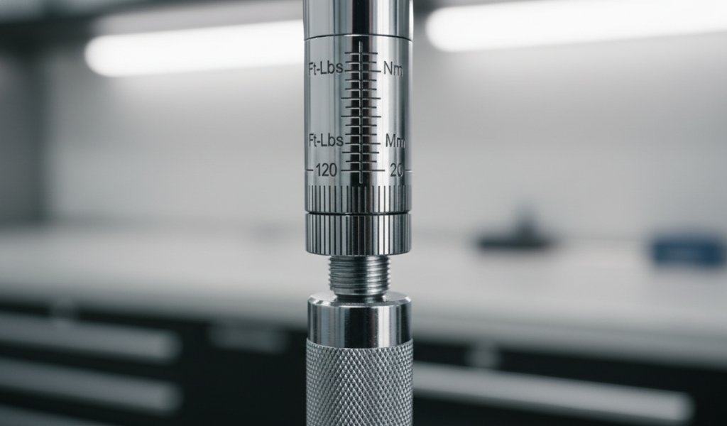 Close-up of a torque wrench micrometer scale showing dual foot-pounds and Newton-meters markings