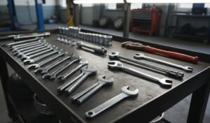 A complete collection of different wrench types and hand tools organized on a metal workshop cart in an automotive shop.