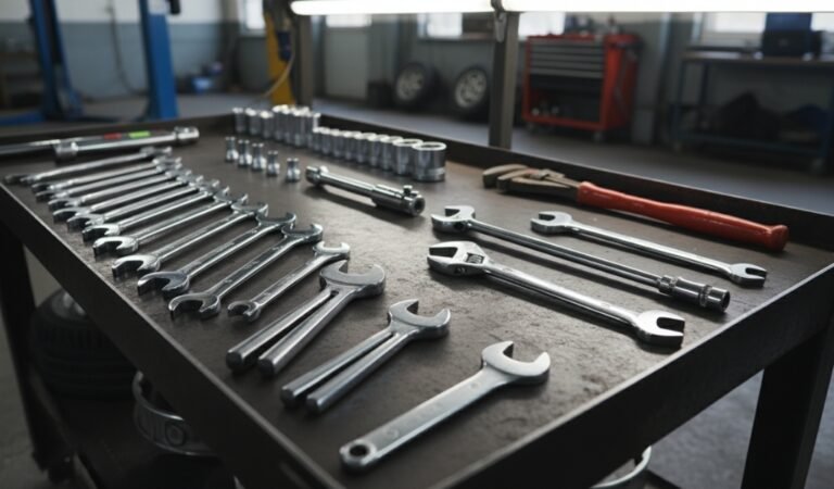 A complete collection of different wrench types and hand tools organized on a metal workshop cart in an automotive shop.