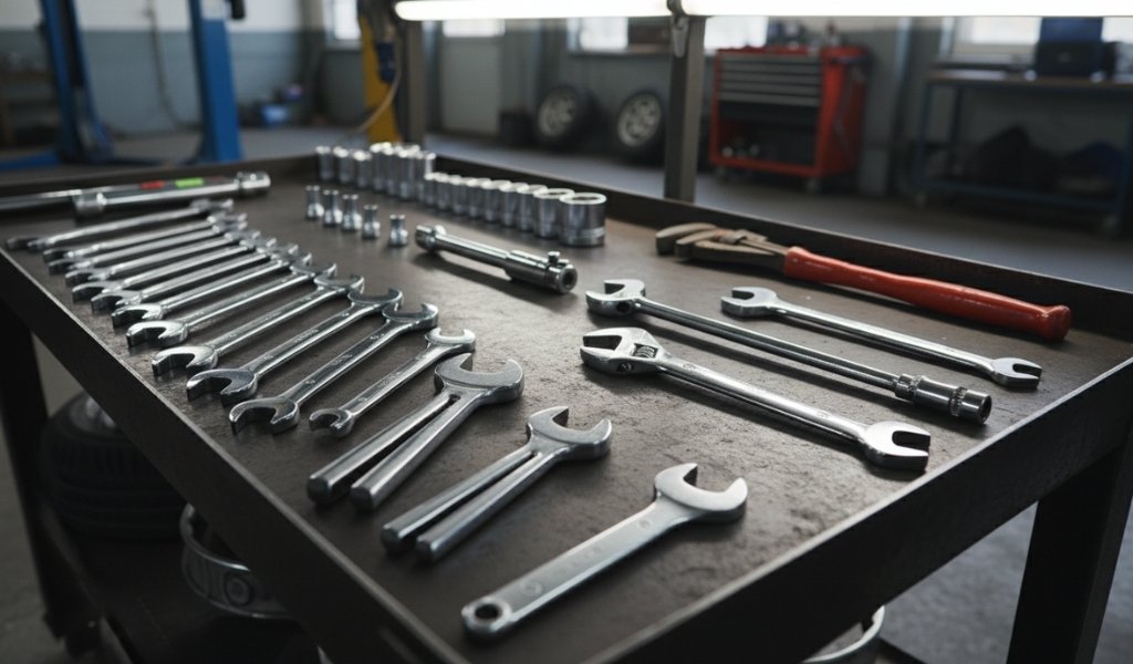A complete collection of different wrench types and hand tools organized on a metal workshop cart in an automotive shop.
