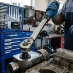 A mechanic using a Craftsman click-type torque wrench on an engine cylinder head block inside a professional garage. Can You Use a Torque Wrench to Loosen Bolts