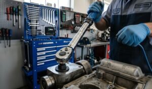 A mechanic using a Craftsman click-type torque wrench on an engine cylinder head block inside a professional garage. Can You Use a Torque Wrench to Loosen Bolts