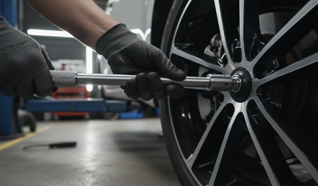 A mechanic using a precision torque wrench to apply correct rotational force to a car wheel lug nut in a workshop.