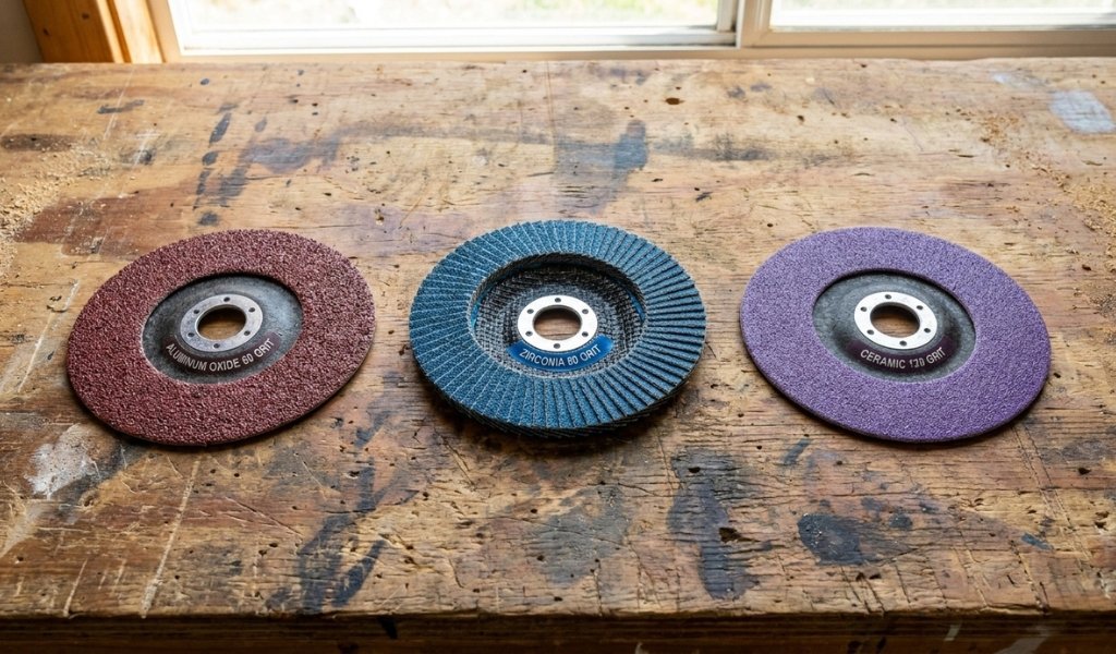 Comparison of aluminum oxide, zirconia, and ceramic sanding discs for wood grinding.