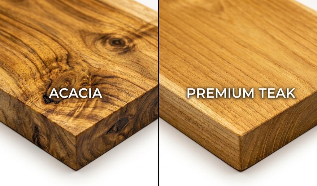 Side by side comparison of acacia wood grain and rich teak wood finish