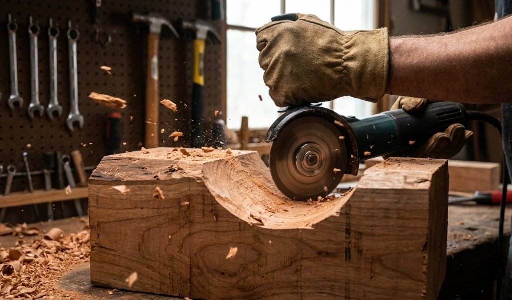 Using a tungsten carbide carving disc on an angle grinder for aggressive wood sculpting and shaping.