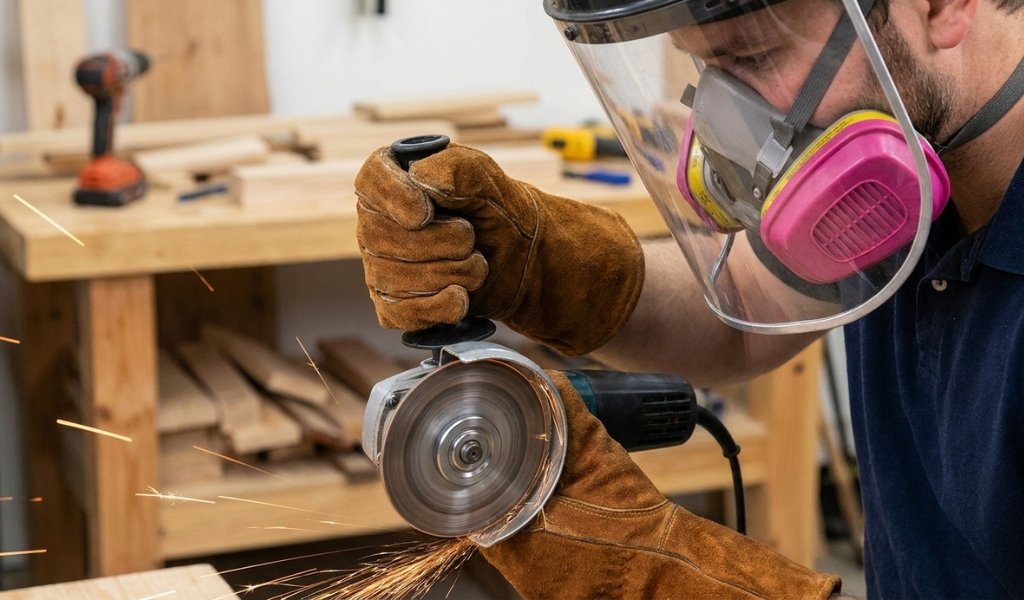 A woodworker wearing full safety PPE including a face shield and respirator while preparing to use an angle grinder to sand wood.