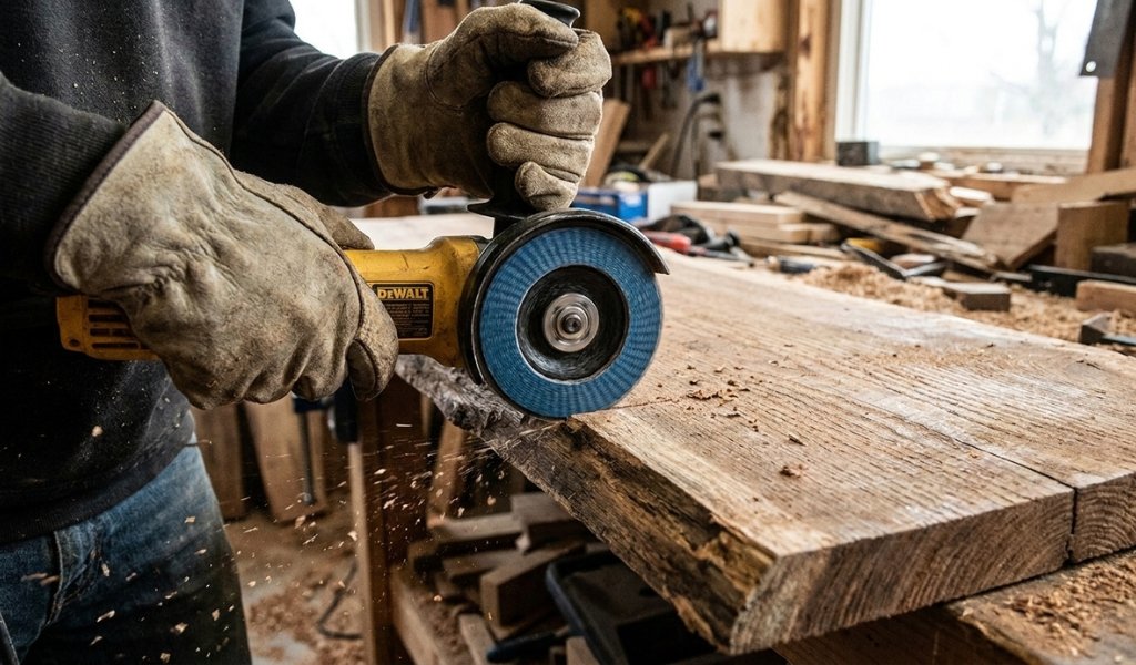 Using an angle grinder with a flap sanding disc for rapid material removal and contouring on a rustic timber edge.