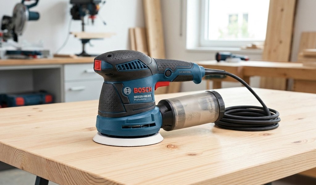The top-rated Bosch 5-inch random orbital sander with variable-speed control on a workshop table.