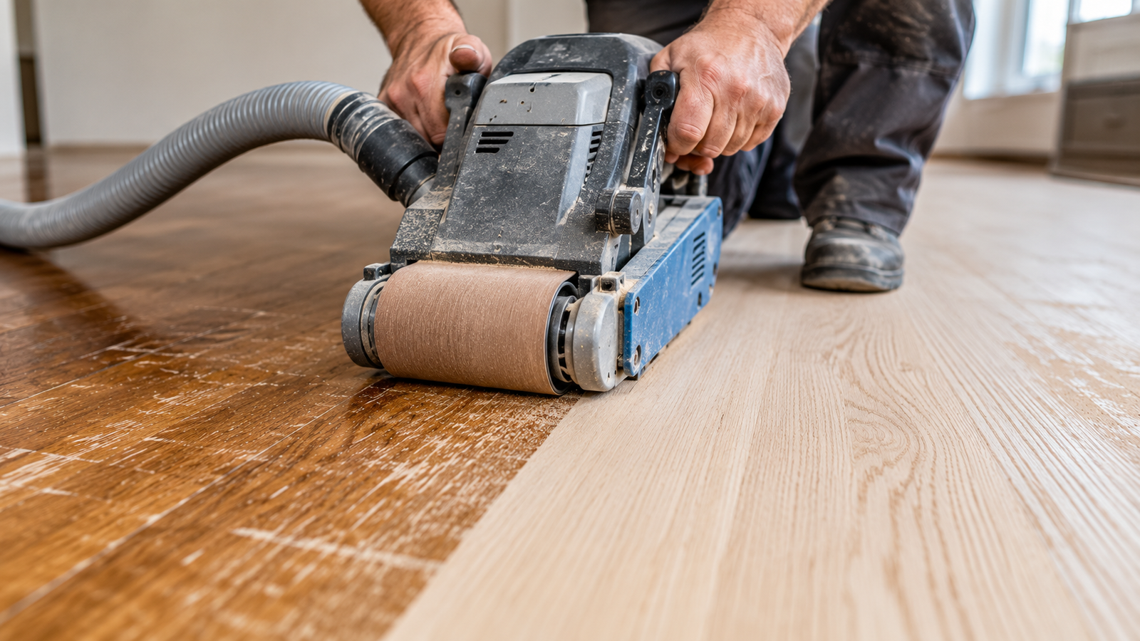Professional hardwood floor sanding machine removing old finish from a solid wood floor during refinishing.