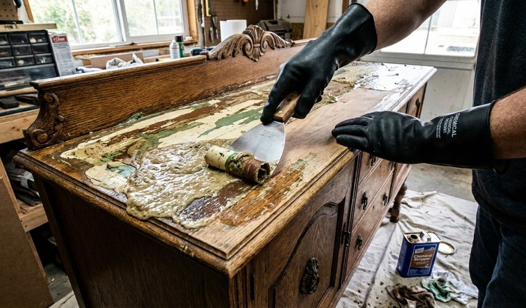 Scraping off dissolved old paint and varnish from antique wooden furniture using a chemical paint stripper