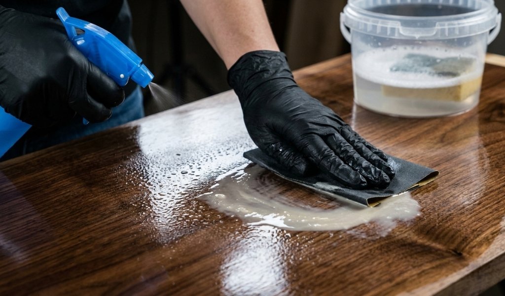 Female woodworker's hands delicately wet sanding a high-gloss polyurethane finish with 1000-grit silicon carbide sandpaper.