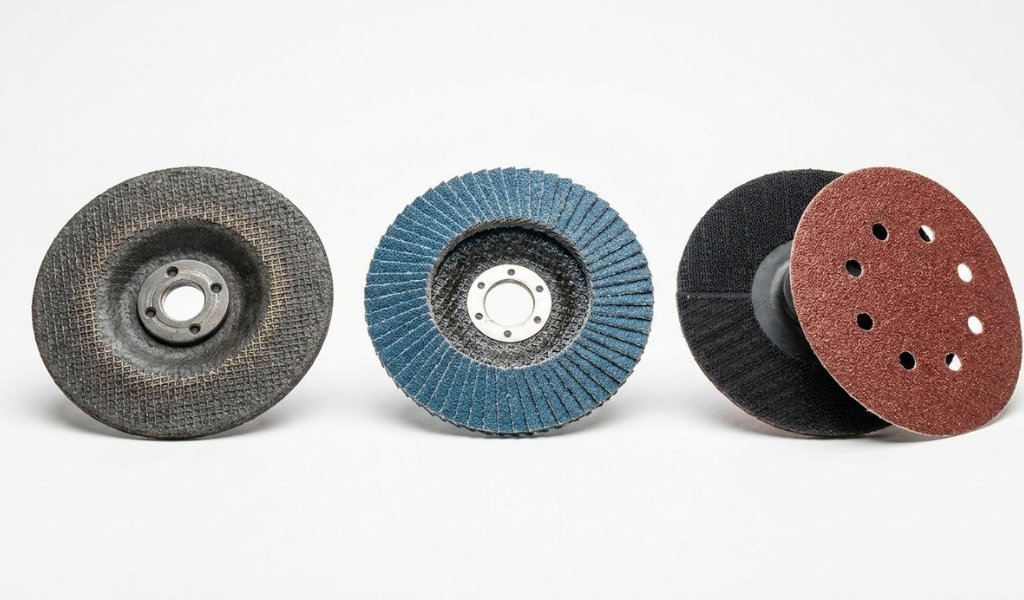 A comparison layout showing a metal grinding wheel, a zirconia flap disc, and a standard sanding disc for an angle grinder