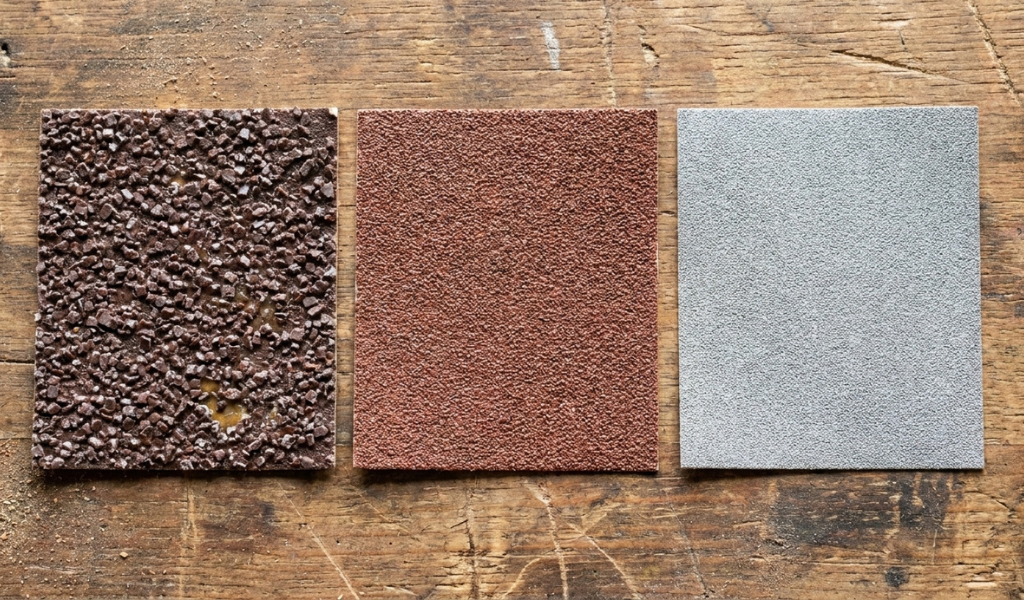 Close-up comparison of coarse 60 grit, medium 120 grit, and fine 220 grit sandpaper textures.