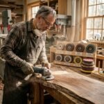 A professional woodworker using a wood sanding disc for angle grinder to smooth a live-edge slab with assorted flap discs in the background.