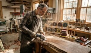 A professional woodworker using a wood sanding disc for angle grinder to smooth a live-edge slab with assorted flap discs in the background.