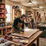 A professional woodworker using a random orbit sander on a walnut board, showcasing essential wood sanding tools and accessories in a workshop.