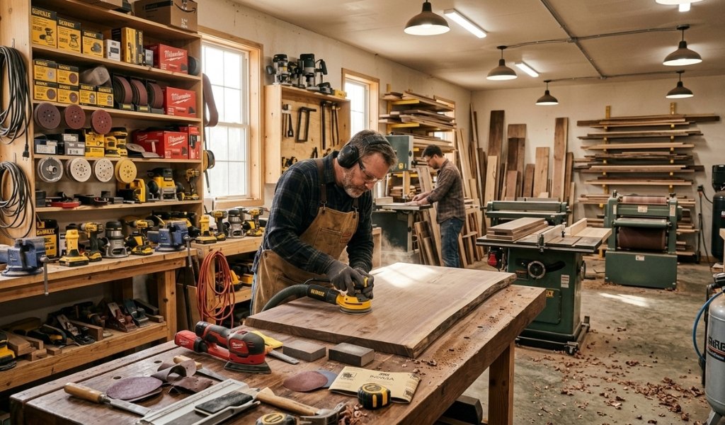 A professional woodworker using a random orbit sander on a walnut board, showcasing essential wood sanding tools and accessories in a workshop.