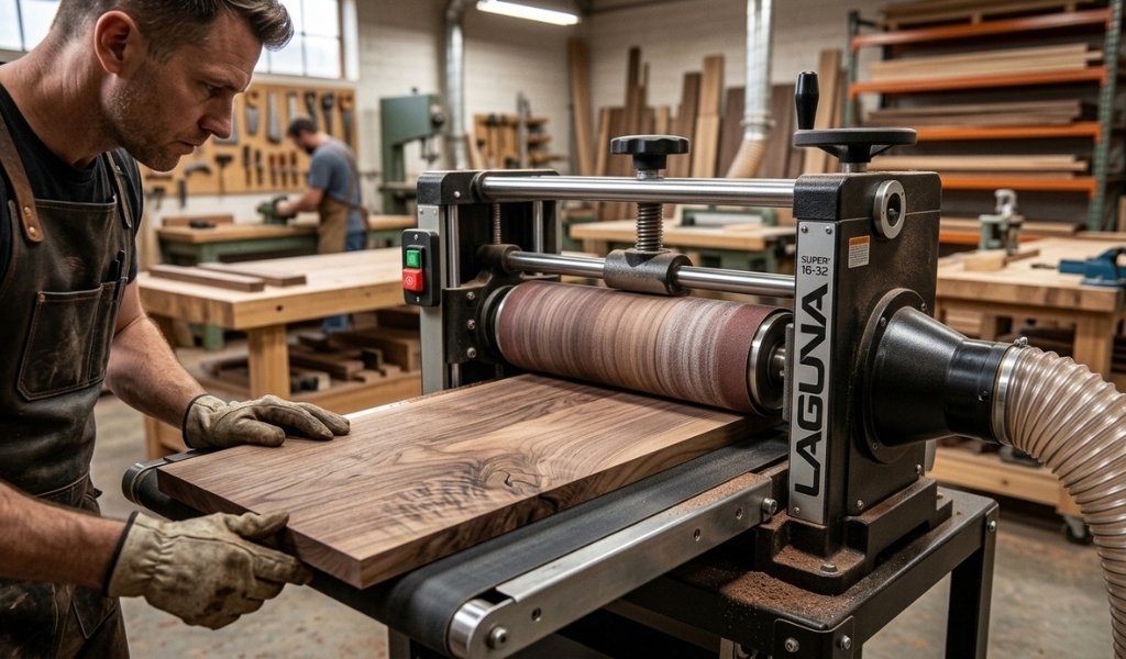 Operating an open stand drum sander to flatten and smooth a raw walnut board.