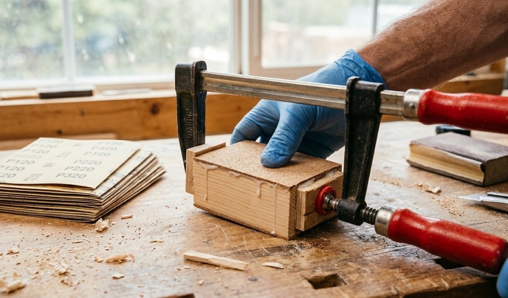 A DIY custom wood sanding block set being constructed with cork backing and scrap wood.