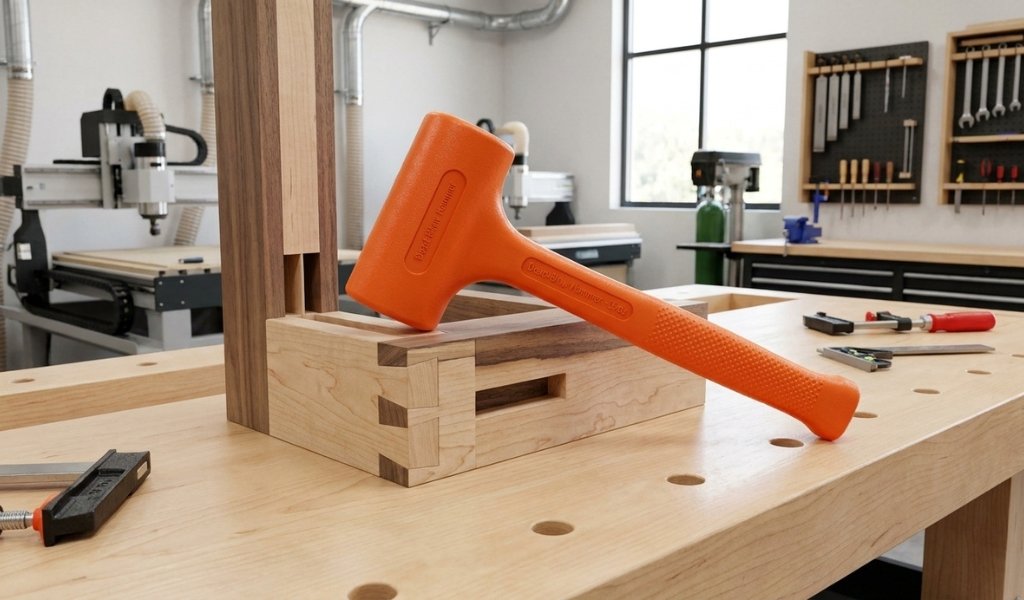 An orange dead-blow mallet used for non-marring precision assembly