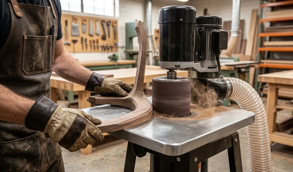 A craftsman using an oscillating spindle sander to smooth the curved edges of a wooden chair part.