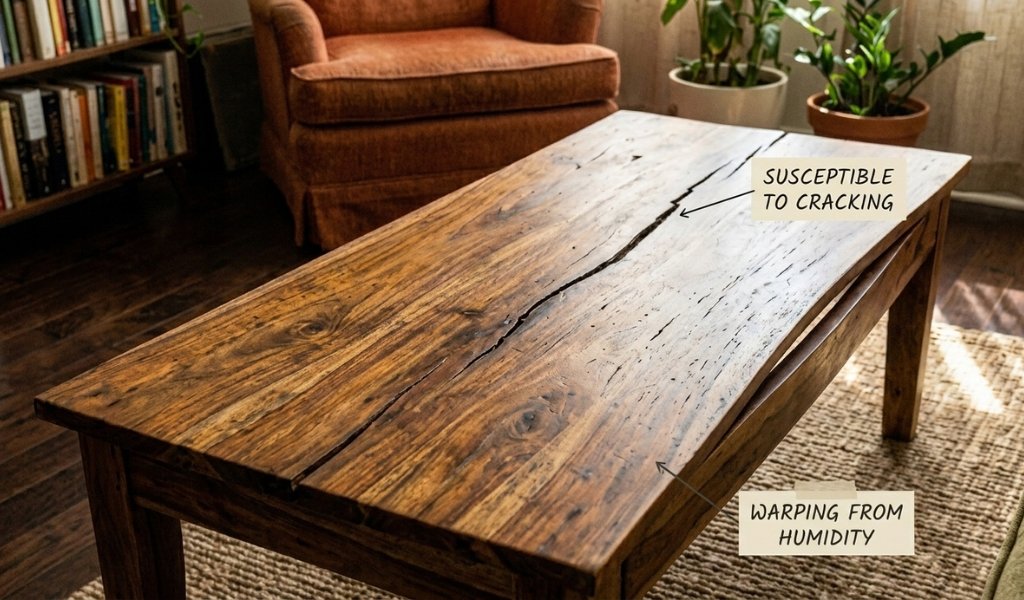Disadvantages of acacia wood coffee table showing cracking and warping issues