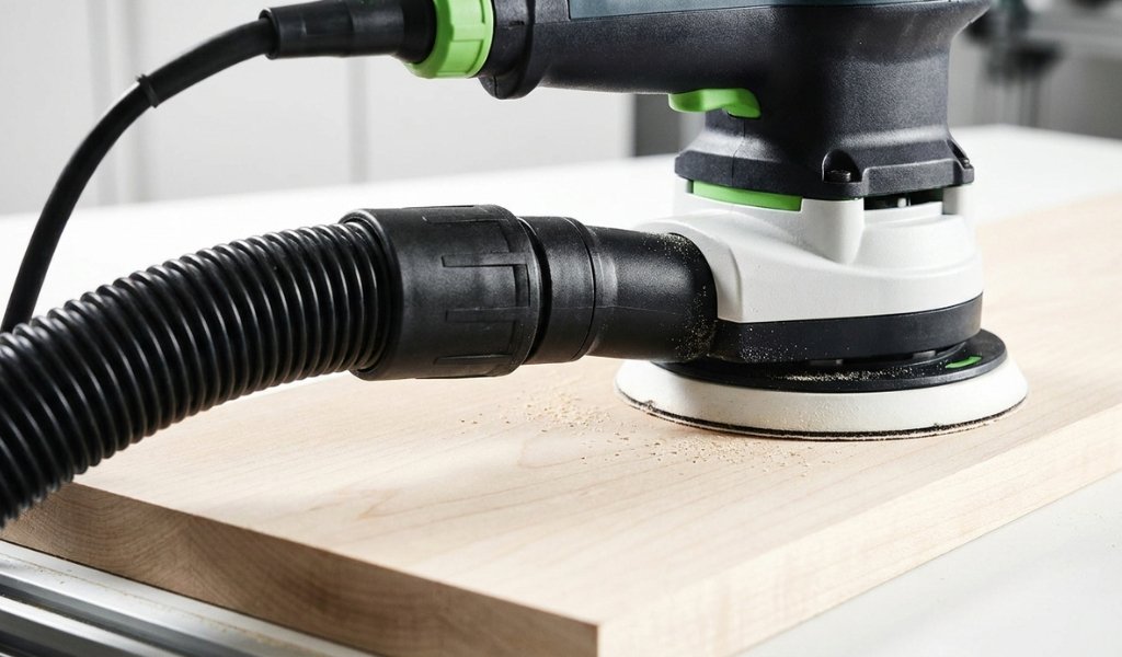 A random orbit sander connected to a vacuum extractor hose for dust-free woodworking