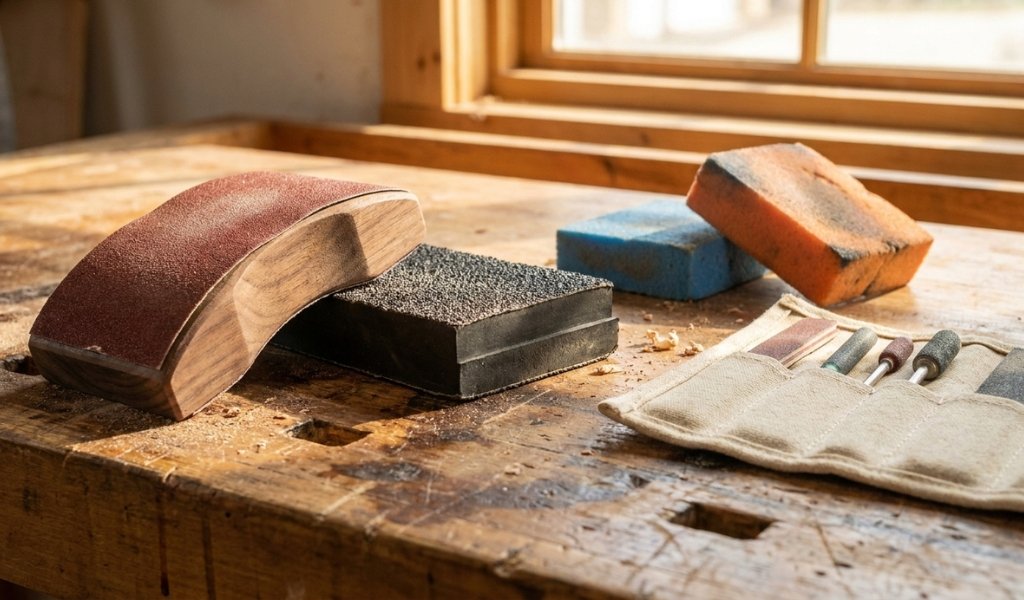 A close-up product photograph of professional manual hand sanding tools on a rustic workbench. Showing a high-quality wooden sanding block, a heavy-duty rubber block, two flexible foam sanding sponges, and a set of detail sanding sticks. Warm natural light, sharp focus on the textures of the tools and abrasives.