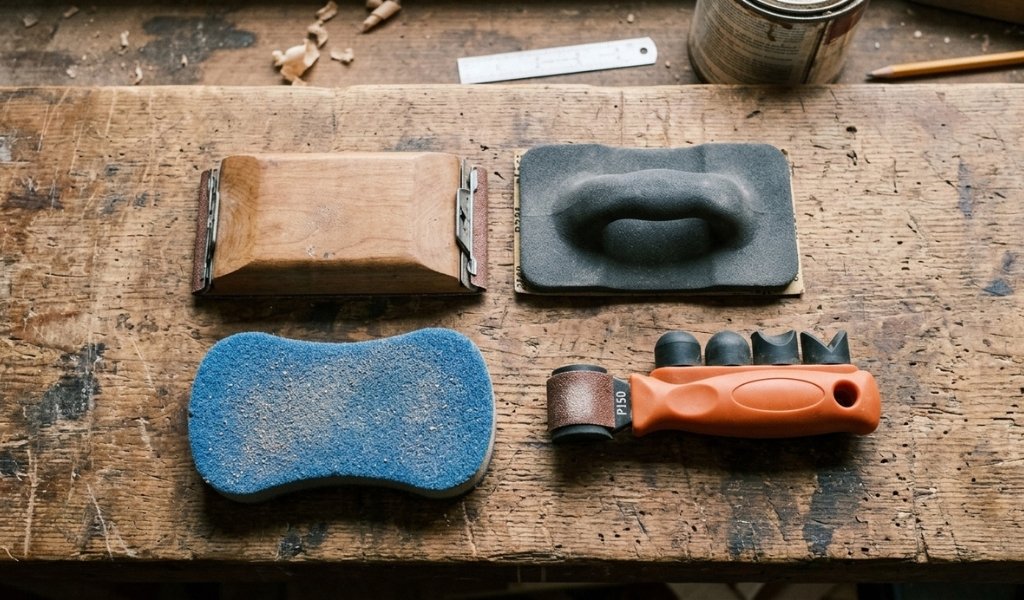 Various types of hand sanding tools including blocks, sponges, and foam pads for woodworking.