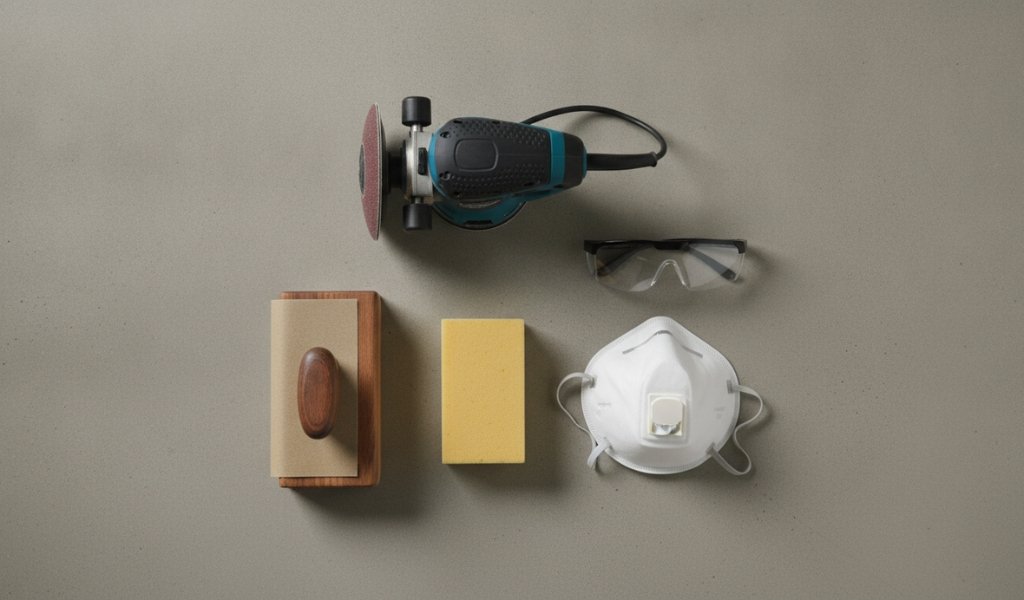 An essential wood sanding toolkit including a random orbital sander, wooden sanding block, sanding sponge, safety glasses, and dust mask arranged neatly on a grey surface.
