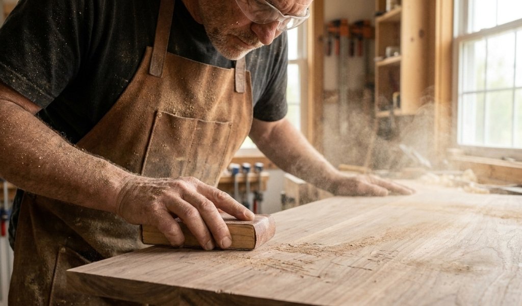 Experienced woodworker dry sanding raw timber, generating heavy wood dust in a cluttered workshop.