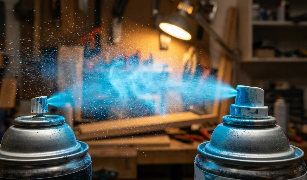 Aerosol spray paint mist particles releasing flammable vapors in a workspace