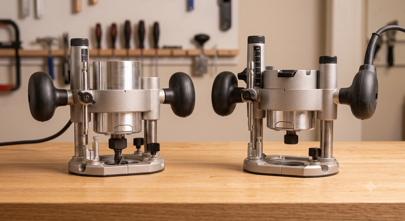 A visual side-by-side comparison of a fixed-base router (left) and a plunge router (right) resting unplugged on a workbench, showing their distinct base designs and depth adjustment mechanisms.