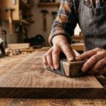 A woodworker using a traditional wooden sanding block to smooth a walnut board with hand sanding tools for wood in a professional workshop.