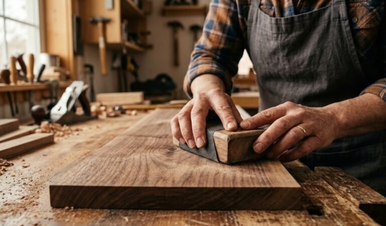 A woodworker using a traditional wooden sanding block to smooth a walnut board with hand sanding tools for wood in a professional workshop.