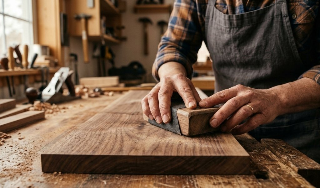 A woodworker using a traditional wooden sanding block to smooth a walnut board with hand sanding tools for wood in a professional workshop.