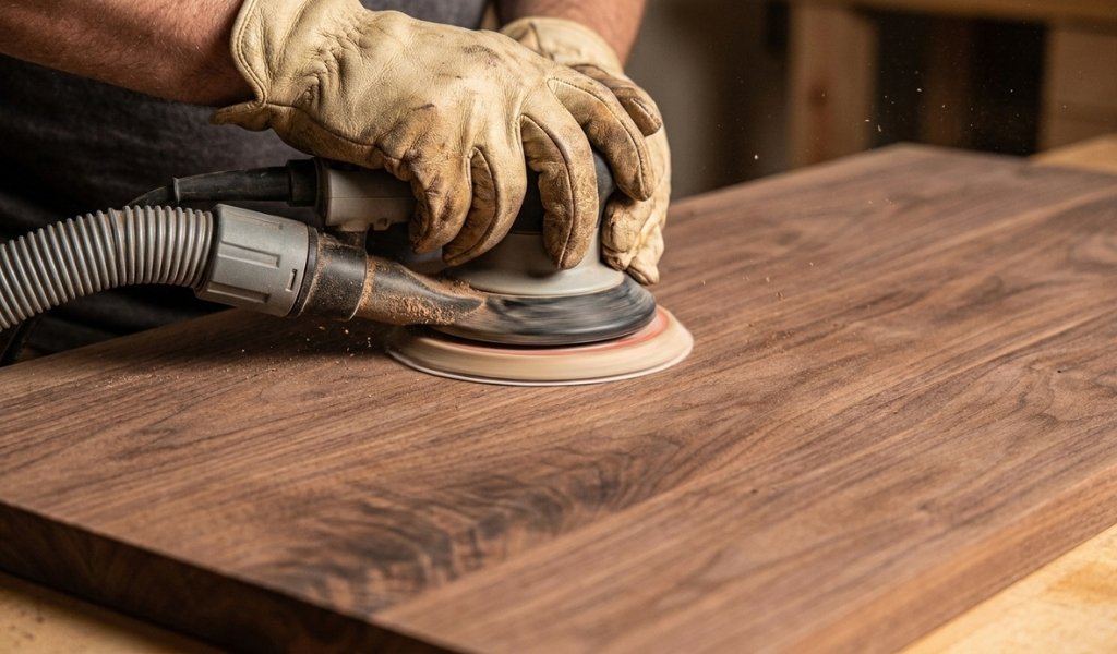 A woodworker using a portable electric random orbital sander with a dust collection hose on a wooden panel