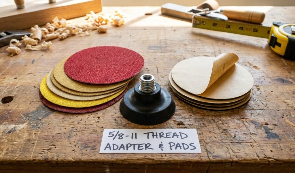 Threaded backing pad adapter and hook and loop sanding discs for angle grinders.