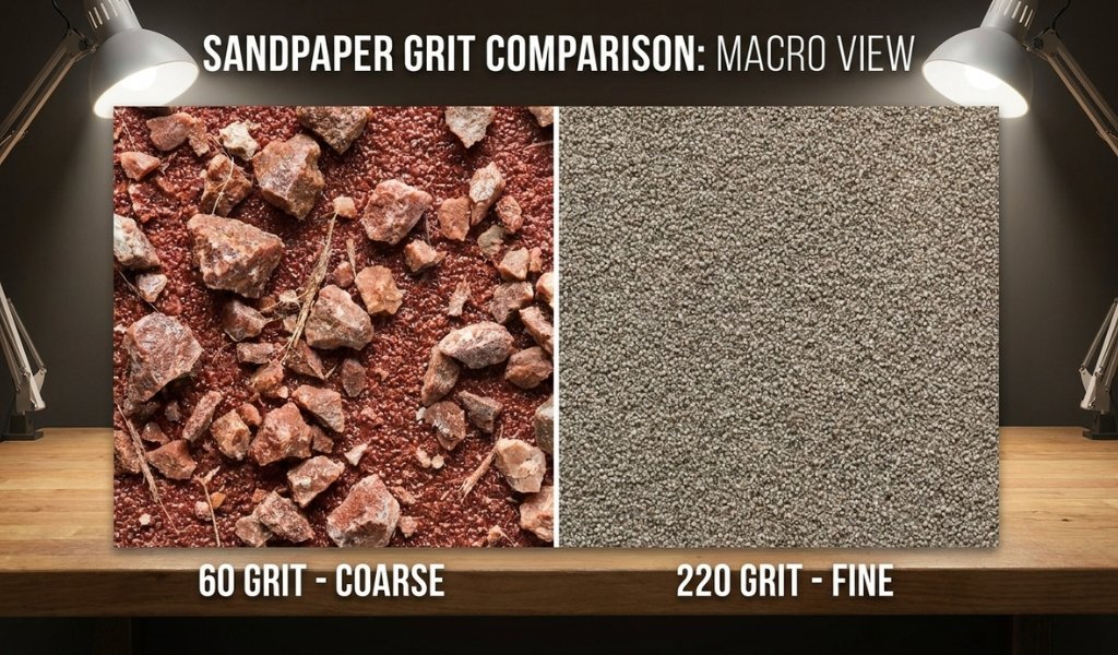 Close up comparison of coarse grit and fine grit abrasive particles per square inch.