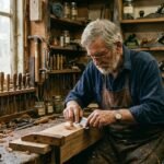 A skilled woodworker using a card scraper on a wooden bench, demonstrating how to sand wood without sandpaper.