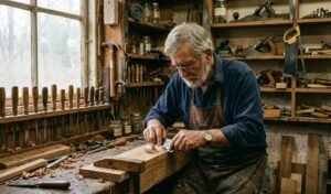 A skilled woodworker using a card scraper on a wooden bench, demonstrating how to sand wood without sandpaper.