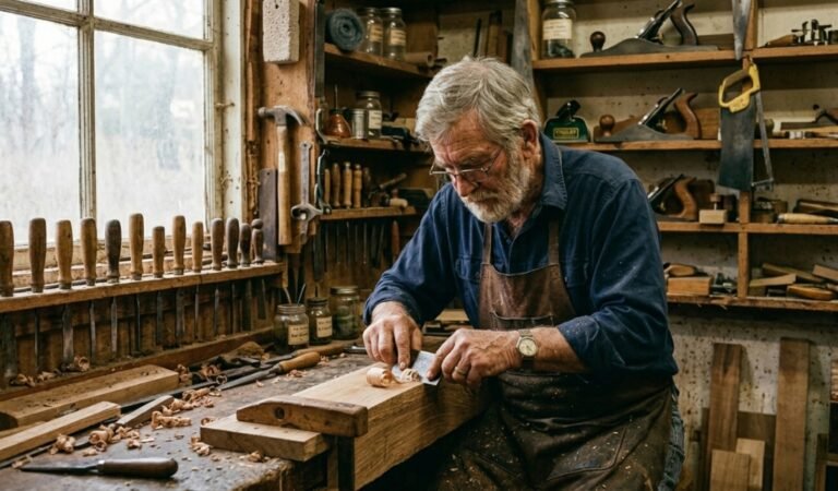 A skilled woodworker using a card scraper on a wooden bench, demonstrating how to sand wood without sandpaper.