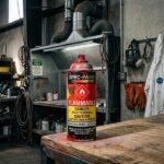 Aerosol spray paint mist particles releasing flammable vapors in a workspace